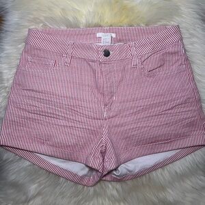H&M Red and White Pinstripe High Waisted Shorts Size 6